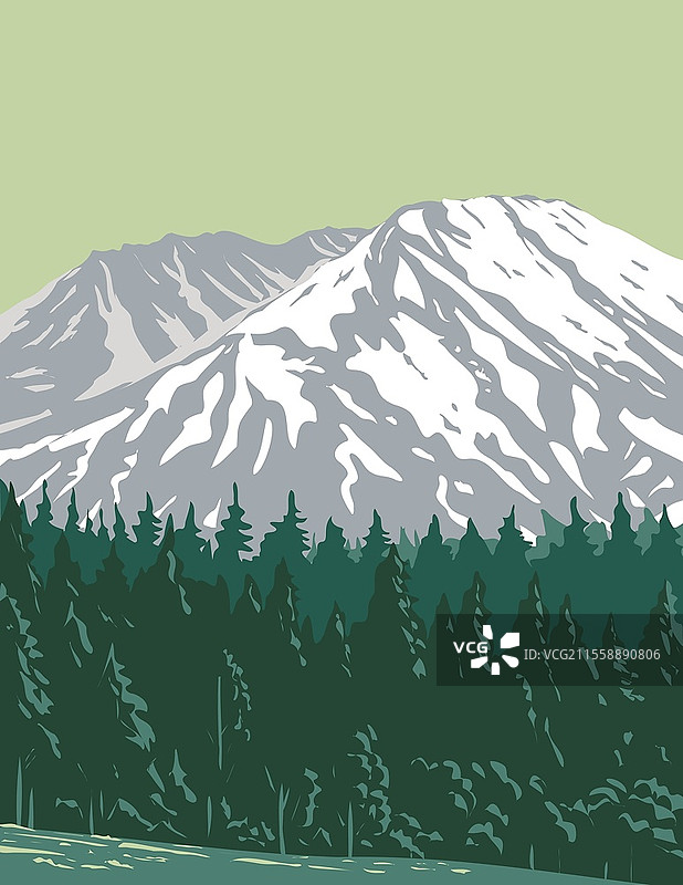 华盛顿州吉福德·平肖国家森林中的圣海伦斯山国家火山纪念碑的WPA海报艺术。图片素材