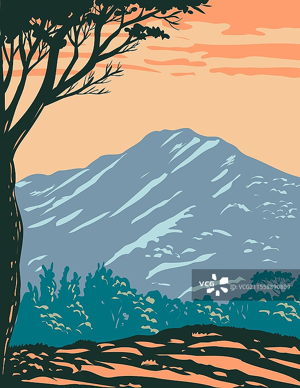 加利福尼亚州马林县的塔马尔派斯山州立公园内的塔马尔派斯山峰或塔马山的WPA海报艺术。图片素材