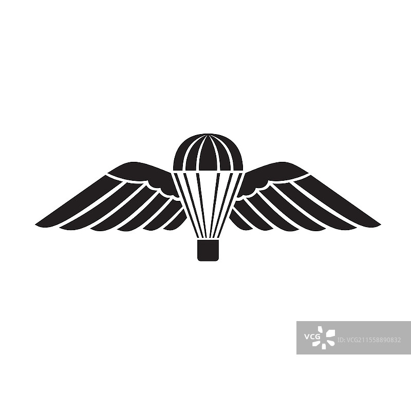 英国武装部队伞兵团使用的带翅膀的降落伞或伞兵徽章插图，黑白复古风格，背景为孤立。图片素材