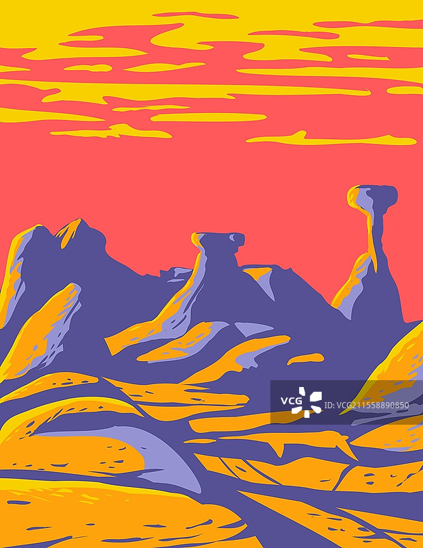 位于美国犹他州南部的格兰台阶-埃斯卡兰特国家纪念碑的蘑菇艺术海报，采用工作项目管理风格或联邦艺术项目风格。图片素材