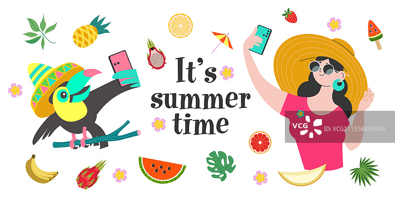 夏天到了。平面卡通风格的海报，横幅。一个女孩和一只戴草帽的巨嘴鸟自拍。明亮的夏季插图。夏季促销。矢量海报，插图。一个女孩和一只巨嘴鸟自拍。图片素材