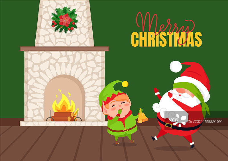 圣诞快乐贺卡矢量图，伊芙与圣诞老人玩游戏，蒙着眼睛的她在燃烧的壁炉旁寻找小精灵，壁炉上装饰着花环。伊芙在壁炉旁与圣诞老人玩游戏的矢量图。图片素材