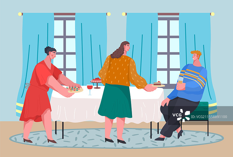 快乐的人们在餐厅或家中庆祝重要活动，男人手持饮料与女士们交谈。女性在桌上提供蛋糕和小吃。朋友和同事们聚会，朋友们在咖啡馆、餐厅或家中庆祝活动，女性向男性提供食物和小吃。图片素材