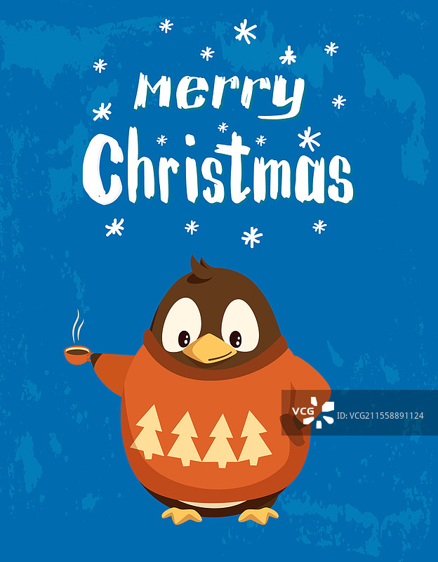 穿着毛衣的圣诞企鹅，手握热咖啡杯，背景为蓝色磨损效果。北极鸟与饮品的矢量图。圣诞热饮与动物的独立图像。穿着毛衣的圣诞企鹅与热咖啡。图片素材