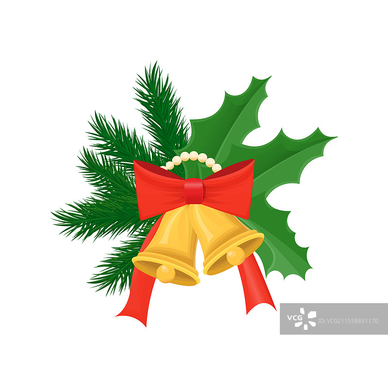 带有针叶树枝和叶子的圣诞卡。装饰性树枝上挂着金色大铃铛和红色蝴蝶结的花环。真实风格的图标，矢量图形独立。带铃铛的针叶树枝和叶子矢量图。图片素材