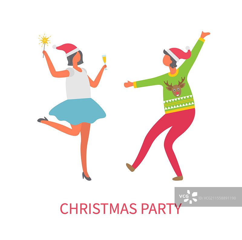 圣诞派对庆祝活动，朋友们快乐地跳舞的矢量图。穿着带有北极驯鹿图案的针织温暖毛衣的女性，手持饮品的女士。圣诞派对，朋友们快乐地跳舞。图片素材