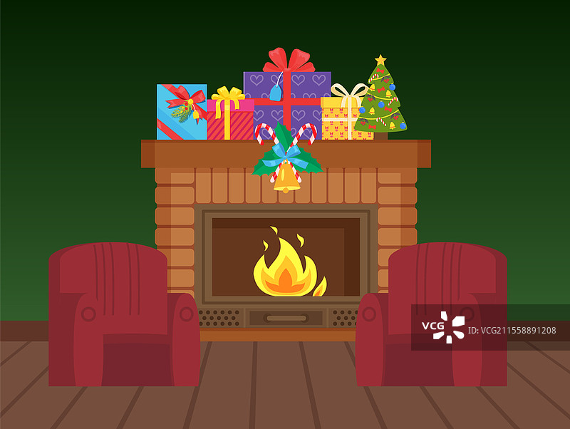 圣诞冬季假日庆祝活动在家中，装饰有礼物和铃铛，旁边有糖果棒，座椅和扶手椅靠近壁炉。圣诞冬季假日庆祝活动壁炉。图片素材