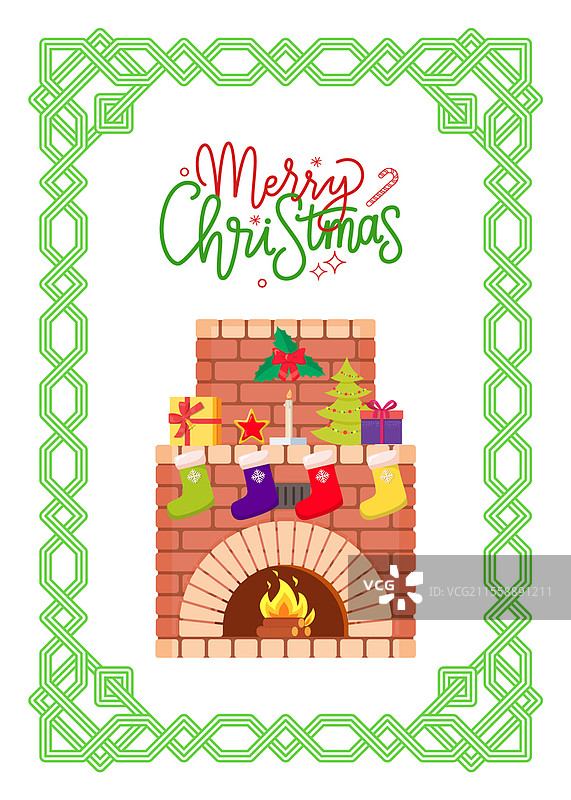圣诞快乐，装饰着礼物的壁炉矢量图。带有边框和槲寄生的贺卡，燃烧的火焰和装满礼物的袜子，常青的云杉。圣诞快乐，装饰着礼物的壁炉。图片素材