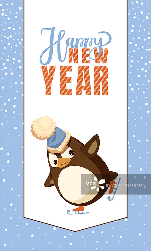 新年快乐贺卡，戴着圣诞帽的企鹅在滑冰。滑冰的小鸟明信片，北极动物与冬季户外活动，雪花边框矢量图。新年快乐贺卡，滑冰的企鹅。图片素材