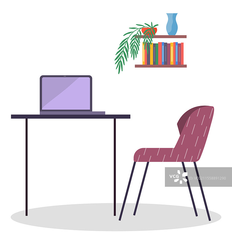 现代化的无线笔记本电脑和舒适椅子的工作场所，办公桌上有电脑，书架上摆满书籍，室内植物和花瓶，互联网工作，白色背景下的空工作空间，简单图标。图片素材