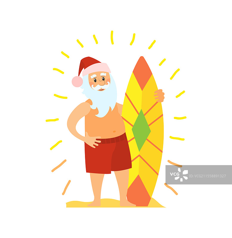 圣诞老人和冲浪板，夏季休闲的圣诞角色。热带国家的冲浪者圣尼古拉斯，戴着帽子和胡子的男人，矢量图。图片素材