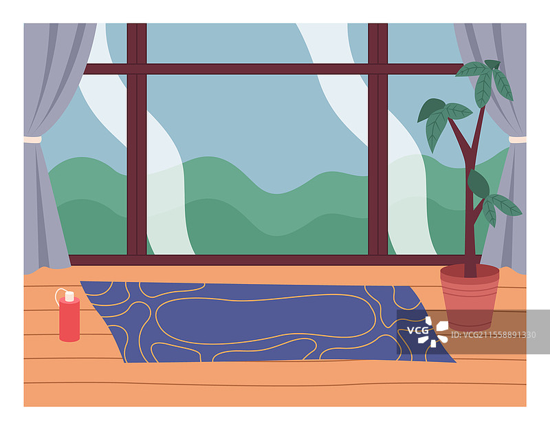 运动和瑜伽练习的室内设计，带有窗帘的全景窗户，地板上铺有地毯，花盆里的室内植物，蜡烛。窗前的舒适宜人空间，外面是白天的景色。平面插图。运动和瑜伽练习的室内设计，带有窗帘的全景窗户，地板上铺有地毯。图片素材