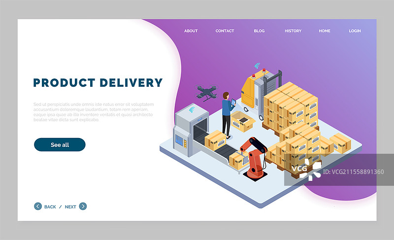 网站的着陆页，产品交付。等距图，叉车运输货物。无人机，工厂机器，生产商品或产品。托盘上的纸箱。工人使用平板电脑控制流程。网站的着陆页，产品交付，等距图，货物运输控制流程。图片素材