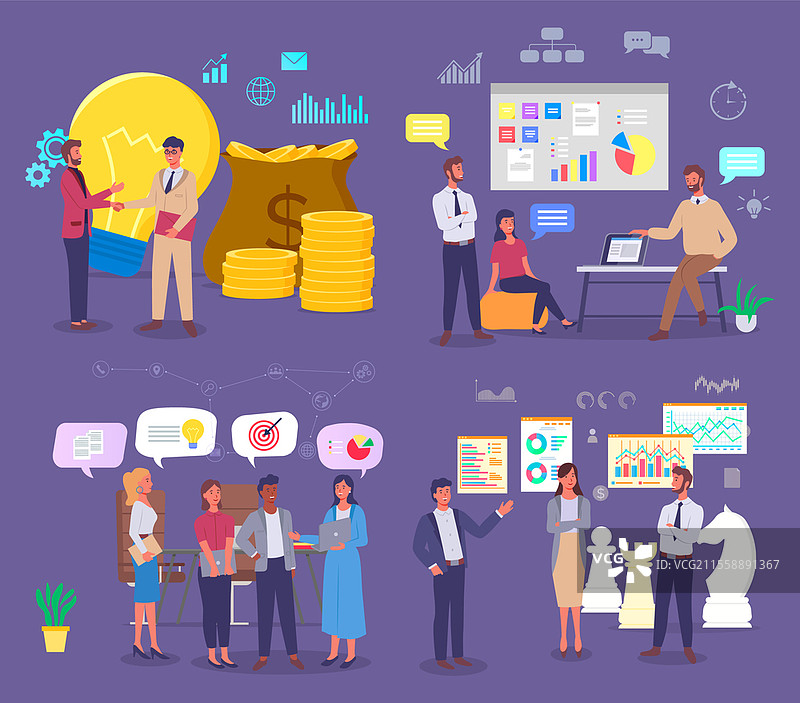 商界人士规划战略，讨论业务发展、分析、财务。增长的图表和图形。为好主意筹集资金。社交媒体营销，棋子。发展网络。为好主意筹集资金，社交媒体营销，发展网络，分析，报告，优化。图片素材