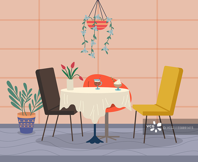 餐厅或咖啡馆的内部。空座位，桌旁的椅子。桌上有一个装有郁金香的花瓶，一个盛着鸡尾酒和冰淇淋的玻璃杯。桌子上方悬挂着植物。没有人的卡通矢量插图。餐厅内部，桌上有郁金香的花瓶，鸡尾酒的玻璃杯，冰淇淋，空椅子。图片素材