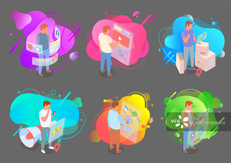 顾客收集、评分、喜欢、不喜欢，使用社交网络，观看视频，男人与快递，箱子和包裹，促销活动，折扣，在网上商店花钱，选择产品。顾客收集、评分、社交网络，在网上商店花钱，促销活动，销售。图片素材