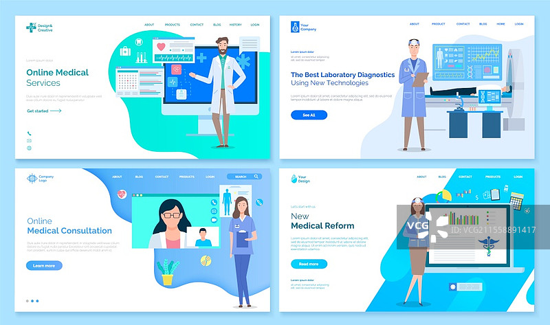 医疗网站，在线医疗服务，最佳实验室诊断，使用新技术，在线咨询，医疗改革，着陆页，网站集合，网上与医生交流。医疗网站，在线医疗服务，实验室诊断，在线医疗咨询。图片素材