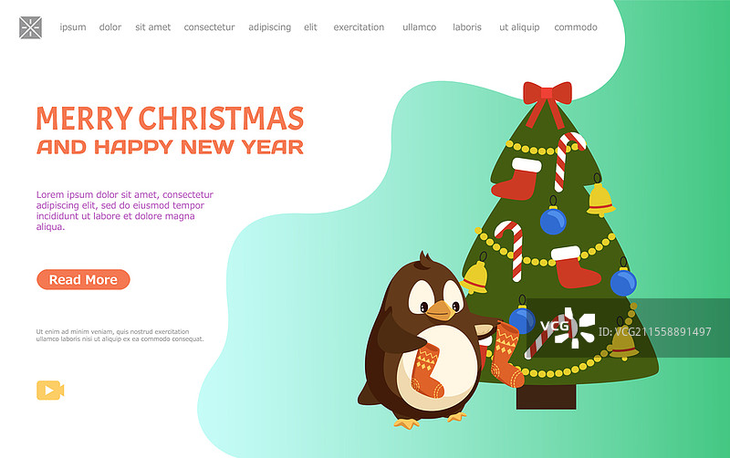 圣诞节和新年网页，带有链接，企鹅抱着袜子的矢量图。小动物与装饰好的圣诞树旁的长袜。着陆页面模板。企鹅与袜子在圣诞树旁的矢量图。图片素材