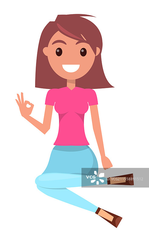 年轻的棕发女性穿着粉色T恤和牛仔裤坐在地板上，微笑的女孩做出“好”的手势。漂亮的女性摆姿势，手势为“好”符号。卡通平面角色。年轻的棕发女性穿着粉色T恤和牛仔裤坐在地板上，微笑的女孩做出“好”的手势。图片素材