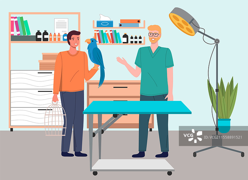 兽医护理，兽医男士正在查看坐在他手上的蓝色鹦鹉，检查宠物的健康，动物在兽医诊所的治疗，去兽医医院看病，医疗办公室。图片素材