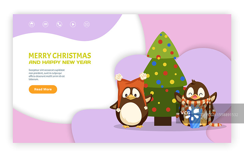 圣诞快乐和新年快乐网站矢量图。装饰着节日玩具的圣诞树，戴着圣诞帽的企鹅和围着围巾的海鸟在享受礼物盒。圣诞快乐网站企鹅与树矢量图图片素材