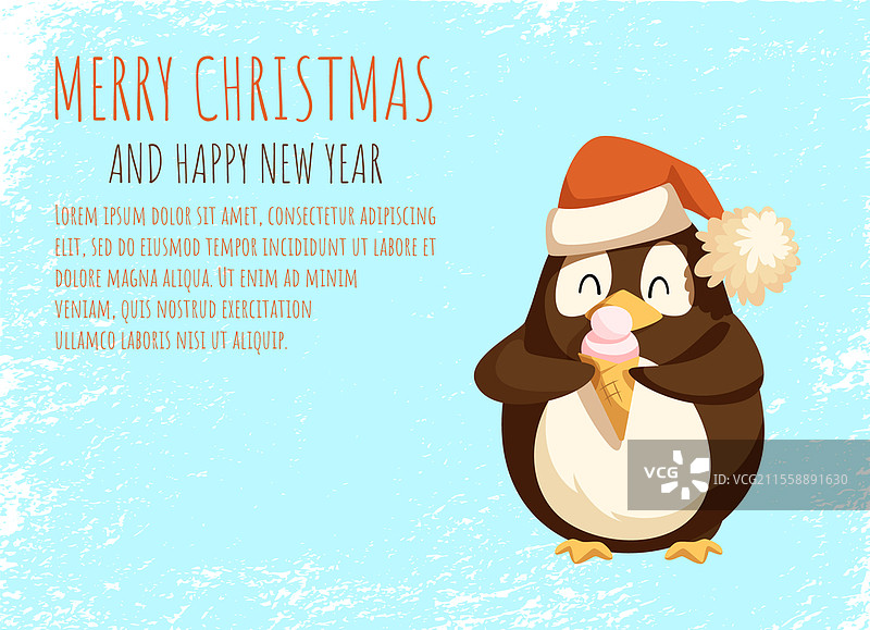 圣诞快乐和新年快乐贺卡，北极企鹅戴着圣诞帽，手里拿着冰淇淋。野生鸟类与华夫筒甜点。北极动物矢量图。可爱的北极企鹅戴着圣诞帽，手里拿着冰淇淋。图片素材