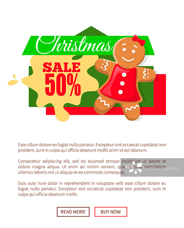 折扣标签矢量图，包含价格优惠信息，新年特惠，女孩与饼干。圣诞促销50%折扣，姜饼女人装饰价格标签。圣诞促销50%姜饼女人海报。图片素材