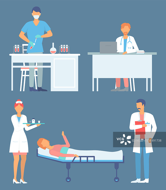 一组卡通插图。实验室助理与样本瓶。坐在桌子旁的医生，佩戴听诊器，使用笔记本电脑。穿着医务服的医生，手持病人卡和夹板。护士与药物。一组插图，包括医生、病人、护士和实验室助理，医疗帮助概念。图片素材