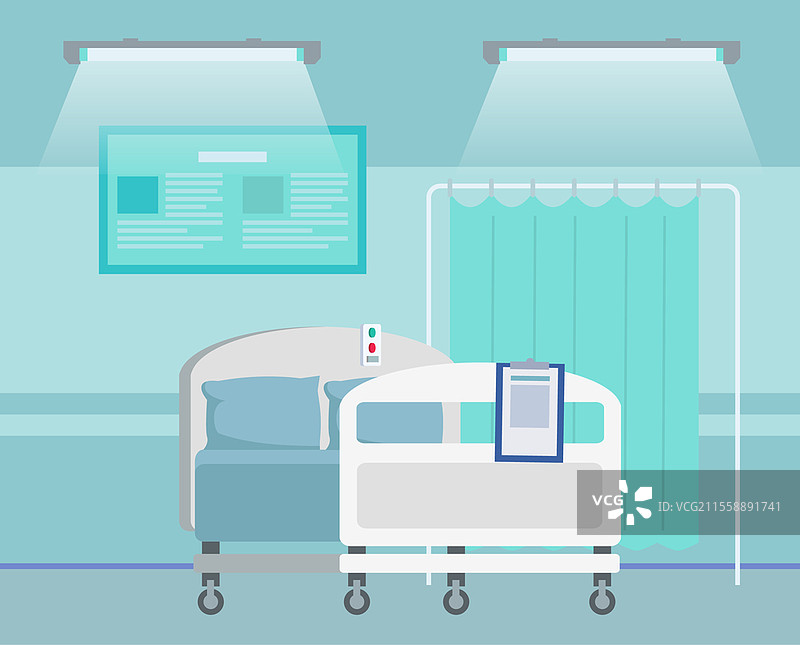 没有人的医院病房室内设计。床上有诊断的夹板，旁边有折叠屏风，两个明亮的灯。手术后的恢复空间。治疗和医疗。没有人的医院病房室内，床上有诊断的夹板，旁边有折叠屏风。图片素材