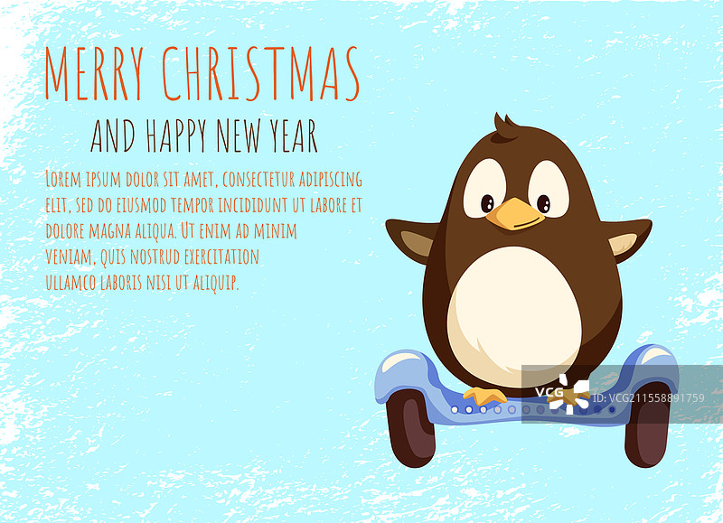 圣诞快乐和新年快乐贺卡，小企鹅在平衡车上保持平衡，矢量图。现代交通工具上的奔跑动物。扁平风格的环保滑板车。企鹅在蓝色平衡车上的矢量问候。图片素材