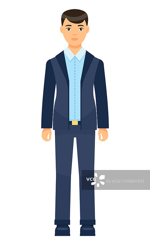 穿着时尚蓝色西装的孤立卡通商人角色。男子穿着未扣扣子的外套、裤子和蓝色衬衫。商务人士风格。办公室工作人员的着装规范。棕色头发的男士，服装元素。孤立的矢量角色图标，商人穿着蓝色西装和衬衫，办公室服装的男士。图片素材