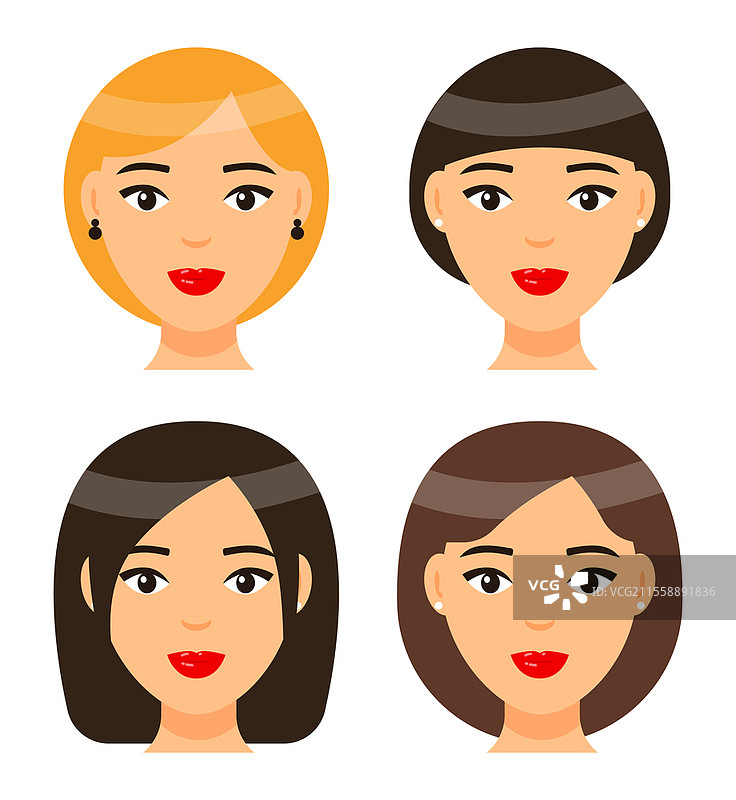 一组女性发型或发型类型。棕色短发和刘海的女孩。长发的棕发女性。可爱的棕色波波头发型。优雅马尾的漂亮金发女性。不同发型或发型的女性组合，卡通角色头部，美丽的女性面孔。图片素材