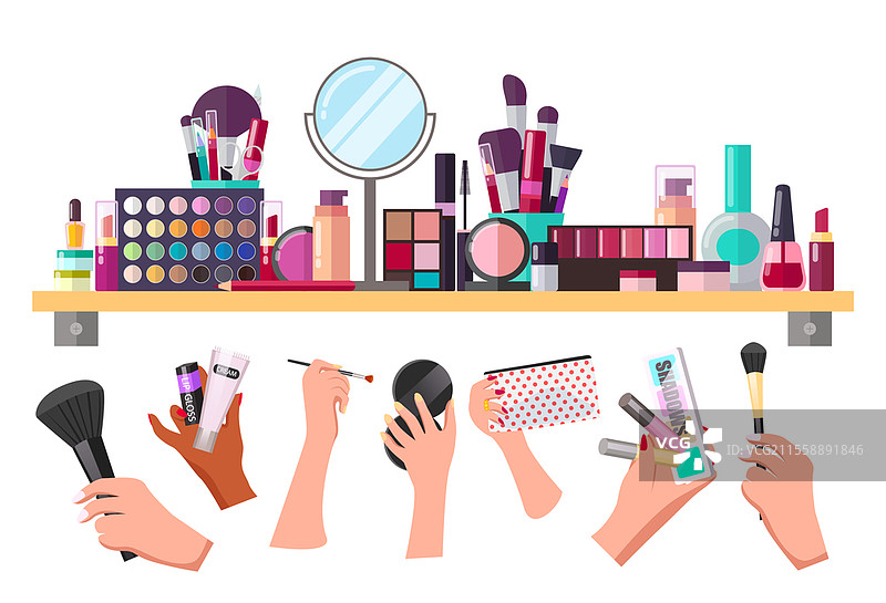 化妆师化妆品套装，工具，设备。手持粉刷、面霜、唇彩、眼影刷、口袋镜、化妆包、口红、眼影。化妆工具产品的集合。化妆师化妆品套装，手持设备，工具，化妆工具的集合，产品。图片素材