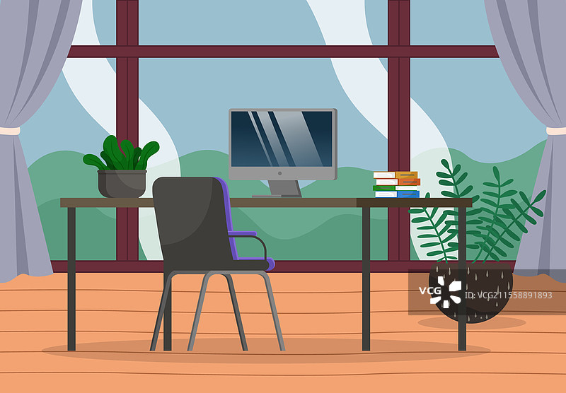 时尚的办公室内部。椅子、办公桌上有电脑显示器、书籍和植物，靠近落地窗，外面是白天。现代工作空间的室内设计，工作场所。卡通矢量插图。时尚的办公室内部，椅子、桌子上有电脑、书籍和植物，靠近落地窗。图片素材
