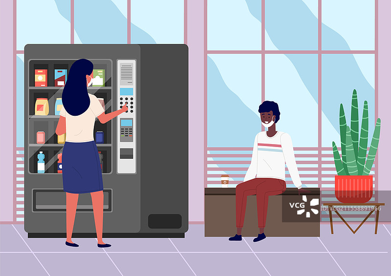 商务人士在休息时间喝咖啡。办公室员工的扁平矢量插图。靠近自动售货机的女孩正在购买饮料。戴着口罩的非裔美国女性坐着喝咖啡。商务人士在休息时间喝咖啡。背景是自动售货机。女孩正在购买饮料。图片素材