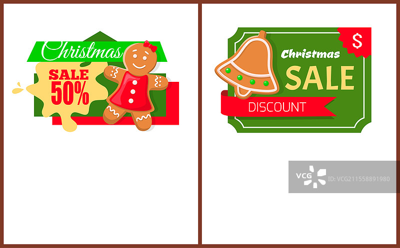 圣诞促销姜饼女人和铃铛饼干标签，带有文本样本的矢量网页模板。圣诞网站设计与价格标签。圣诞促销姜饼女人和铃铛饼干。图片素材