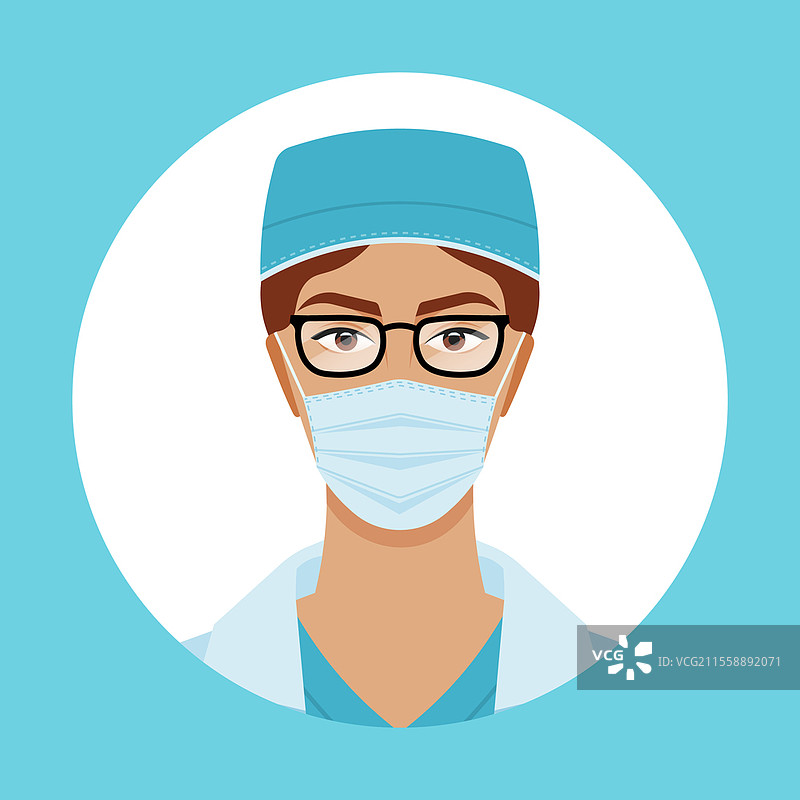 美丽的棕发年轻女医生，佩戴听诊器。半身肖像矢量插图。戴着眼镜的女孩，背景为白色。女性角色脖子上挂着听诊器。美丽的棕发年轻女医生，佩戴听诊器。半身肖像矢量插图。图片素材