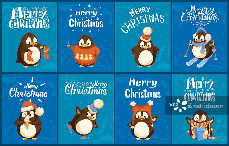 圣诞快乐蓝色贺卡，穿着温暖衣物的企鹅矢量图。动物手持冰淇淋和袜子，享受礼物。海鸟戴着圣诞老人帽子滑冰和滑雪。圣诞快乐贺卡，企鹅矢量图。图片素材