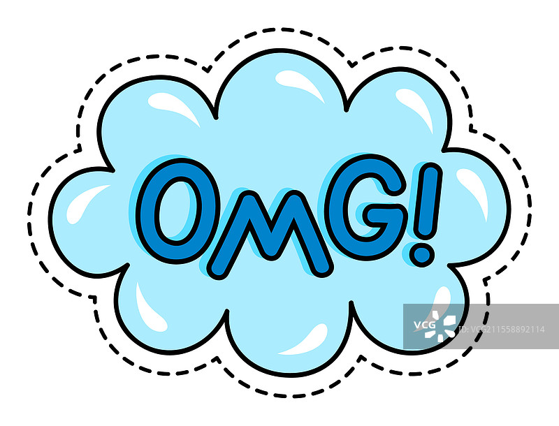 带有“OMG”时尚补丁信息的云。蓝色气泡中带有“哦，我的天”文本的矢量插图。图标、标志、符号、补丁设计，现代风格图案，带虚线轮廓，独立于白色背景。图片素材