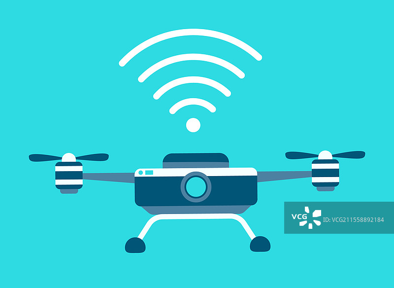 无人机矢量图标。风格为平面双色深蓝色和白色符号，圆角，蓝色背景。四旋翼小型直升机，带有螺旋桨，配备现代设备的飞行仪器和相机。无人机矢量图标。风格为平面双色蓝色和白色符号，圆角，蓝色背景。图片素材