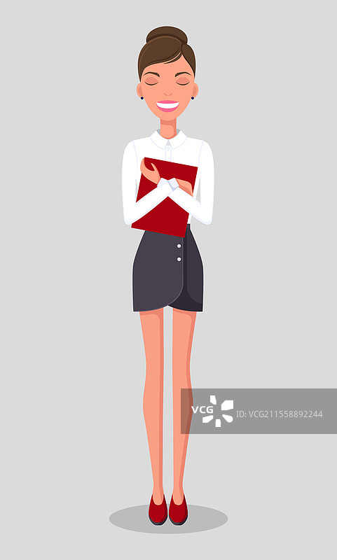 穿着商务服装的年轻苗条女性角色。微笑的女商人双眼闭合，手中拿着文件夹。穿着衬衫的女商人挺直站立，保持全身直立。穿着商务服装的年轻苗条女性。微笑的女商人手中拿着文件夹站立。图片素材