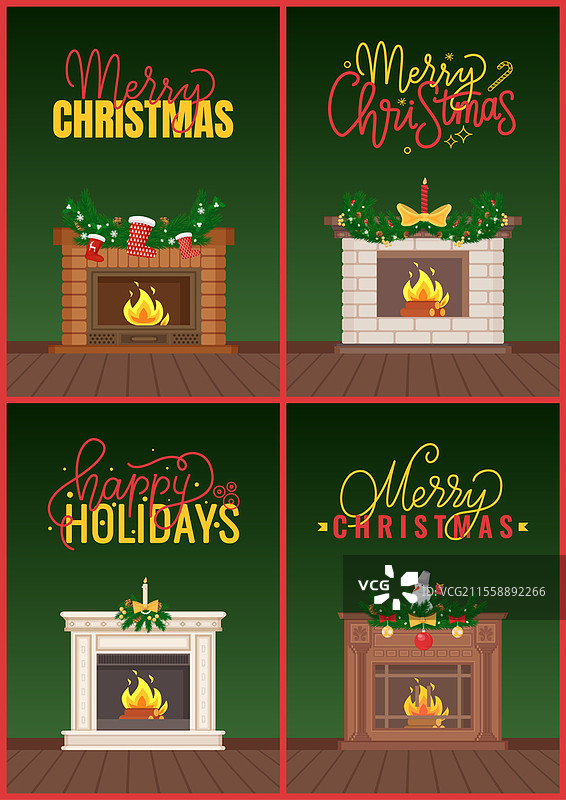 节日快乐和圣诞快乐贺卡，奢华的壁炉，带有柱子，由大理石和砖块制成，矢量图。燃烧的壁炉，新年装饰。圣诞快乐祝福，奢华壁炉。图片素材