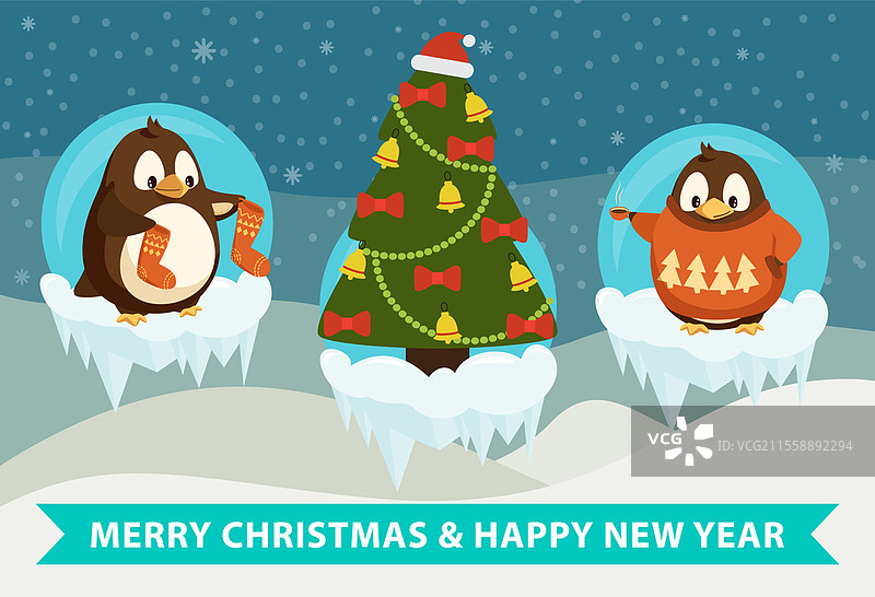 圣诞快乐和新年快乐海报，企鹅在雪球中，带有冰柱的矢量图。装饰有彩灯的圣诞树，动物穿着温暖的衣服。海报：企鹅在雪球中，带有冰柱的矢量图。图片素材
