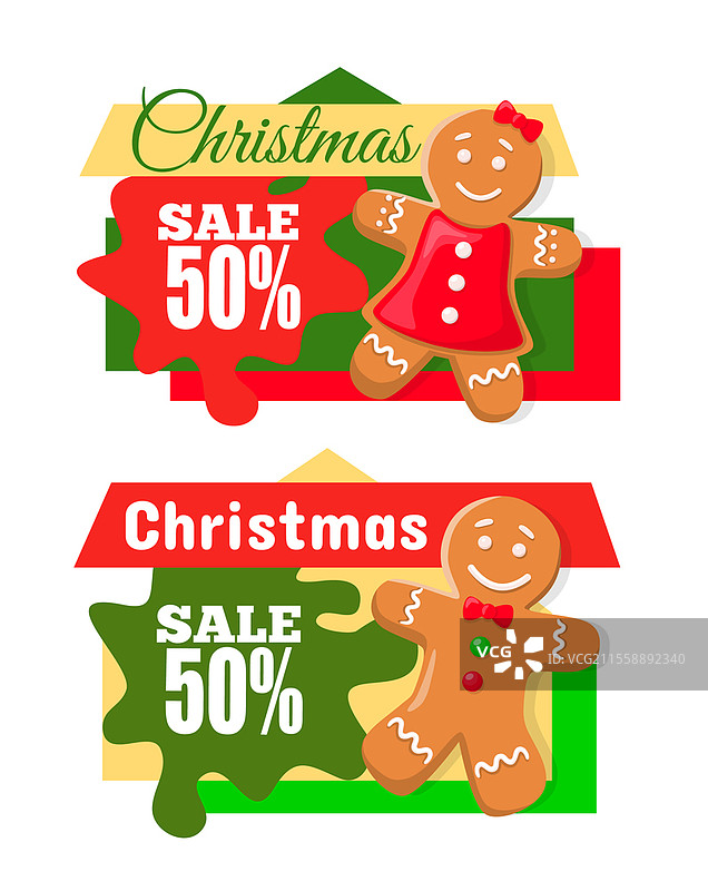 圣诞促销半价优惠孤立图标集矢量。穿着裙子和蝴蝶结的姜饼男孩和女孩角色。圣诞促销半价优惠姜饼。图片素材