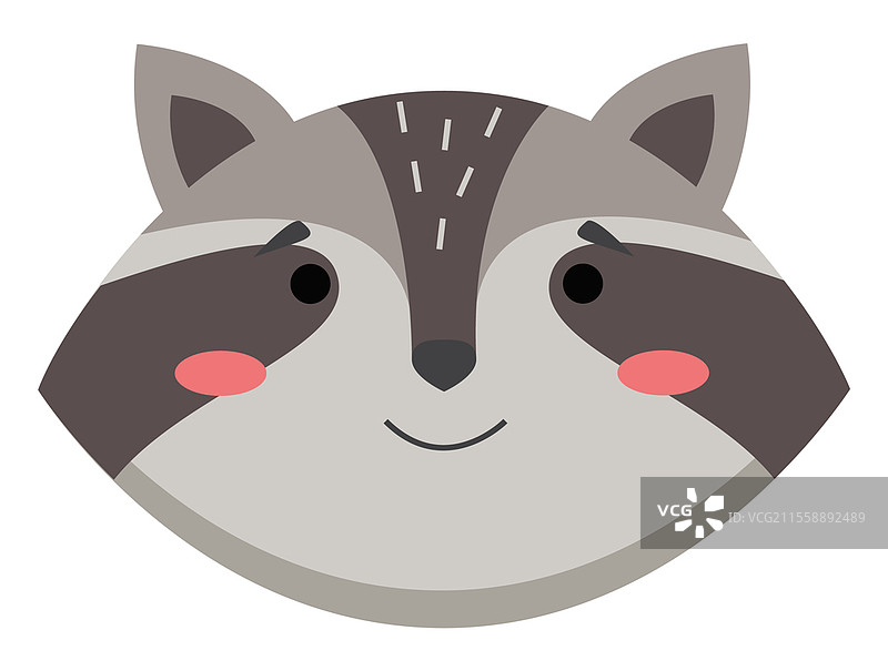 可爱的搞笑浣熊头像，白色背景，矢量插图。森林栖息动物的头部单一对象。搞笑动物表情符号。尴尬的微笑情绪。平面设计的浣熊野生动物角色。可爱的搞笑浣熊头像，白色背景，森林野生动物头部的矢量插图。图片素材