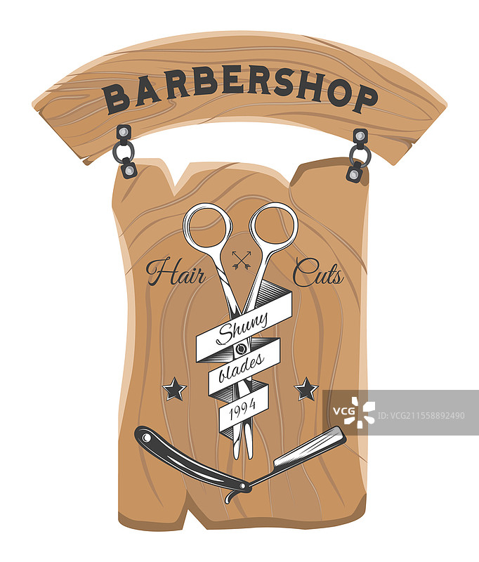 理发店木制招牌，上面有文字、打开的剃刀和剪刀。理发店标志，带有打开的危险刀片的徽章。发型师广告牌，复古理发店标签。图片素材