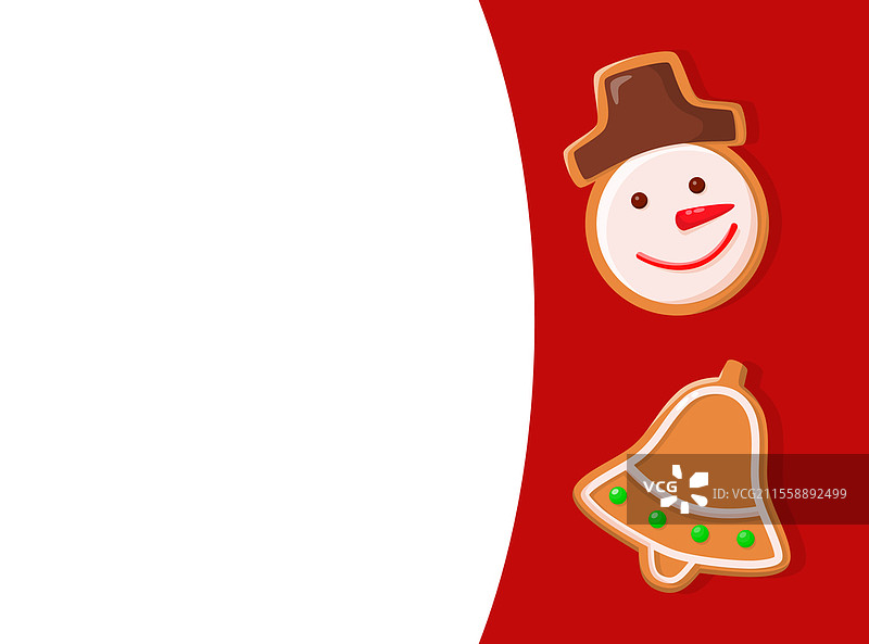 圣诞快乐假期，姜饼饼干呈雪人和铃铛形状。传统美食或脆脆的零食，新年，节日小吃矢量图。圣诞快乐假期，姜饼饼干。图片素材