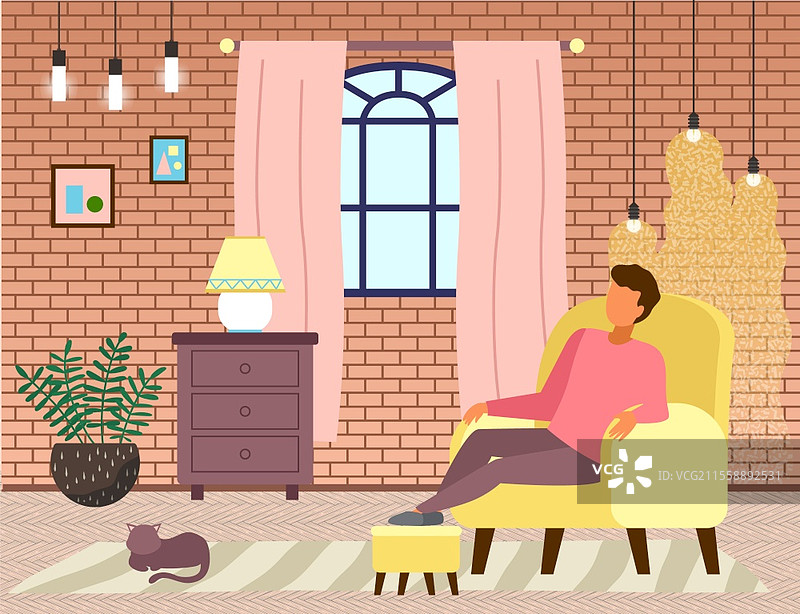 男人坐在黄色扶手椅上放松，脚放在一个特殊的软垫凳子上，舒适的家庭休闲矢量插图。经过一天的辛劳，在家中傍晚躺在椅子上休息。图片素材