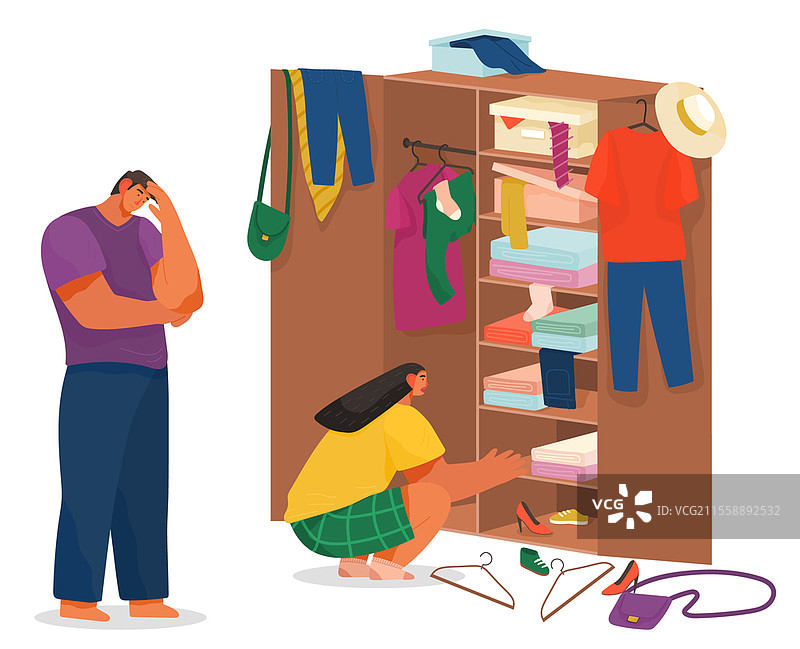 家庭一起做家务的场景，男女人在打扫房子，洗衣服和整理衣柜。疲惫的男士用手捂住头，活力四射的女士。家庭一起做家务的场景，男女人在整理衣柜。图片素材