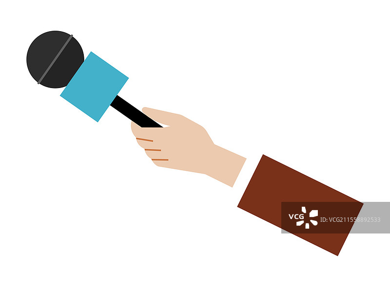 手持麦克风的矢量插图。记者使用特殊设备进行采访。男子手持录音设备。记者在白色背景上手持麦克风。手持麦克风的矢量插图。记者使用特殊设备进行采访。图片素材